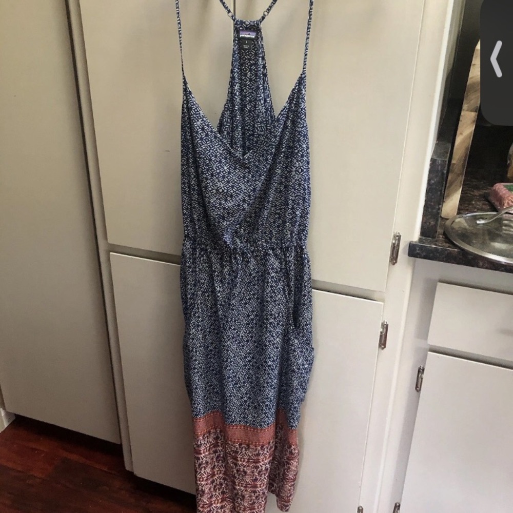 Patagonia Navy Printed Halter Maxi Dress with Rust Border pocketed size L